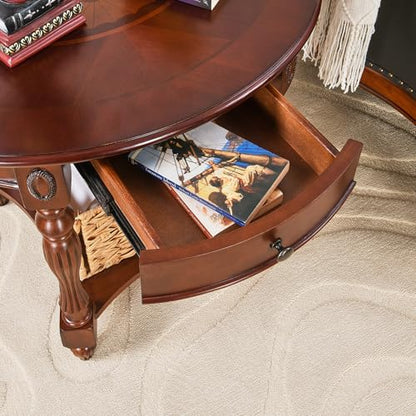 Solid Wood End Table with Drawer, Oval Sofa Side Table, Storage Shelf, Living Room Corner Table, Nightstand, 24”H Cherry Walnut CJZ1533WD-DR