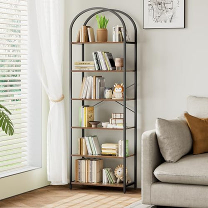 6-Tier Bookshelf Arched Display Racks, Wood and Metal Bookcase, Tall Bookshelf, Industrial Display Standing Shelf Unit, for Home Office, Living Room, Bedroom, Bathroom, Rustic Brown