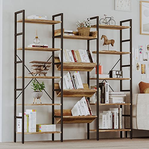 Bookshelf, Bookshelves and Bookcases, Triple Wide 5 Tiers Book Shelf with Baffles, Industrial Bookshelf with Metal Frame for Living Room, Home Office