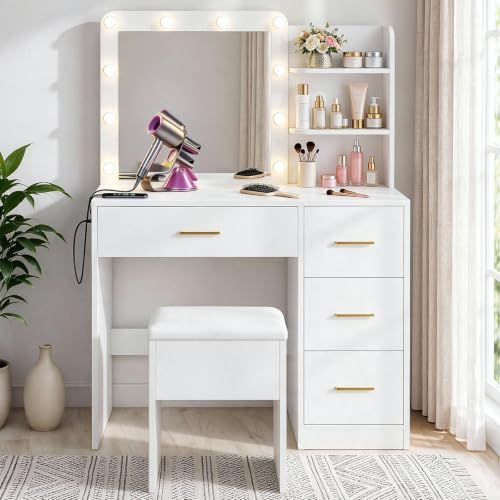 White Vanity Desk with Lighted Mirror and 4 Drawers, view 2