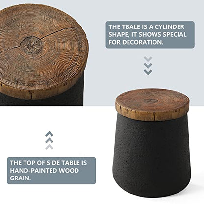 Drum End Table Cylinder Shaped Concrete Side Table Faux-Wood Top, Black Outdoor Accent Table with Tree Trunk Slice Hand Painted, Accent Stool