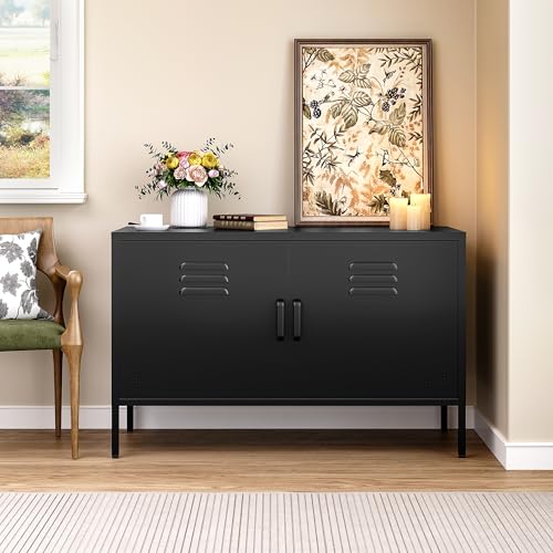 Black Metal Storage Cabinet with Doors and Shelves, view 2