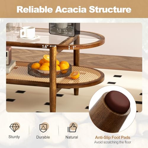 Rattan Coffee Table, 2-Tier Oval Acacia Wood Tea Table w/Tempered Glass Tabletop & PE Rattan Storage Shelf, Boho Cocktail Tables, Mid Century Modern Center Table for Living Room Office, Brown