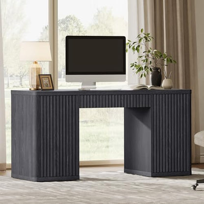 61" Large Home Office Desk with Storage Fluted Office Desks with 2 Doors & 1 Drawer Modern Executive Desk Wooden Study Desk Writing Desks Vanity Table for Living Room Bedroom, Black Alder