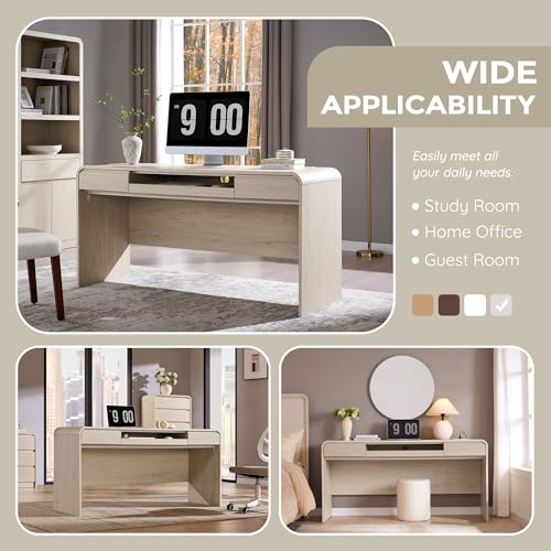 63" Modern Computer Desk with 2 Drawers, Wood Curved (Cream), view 6