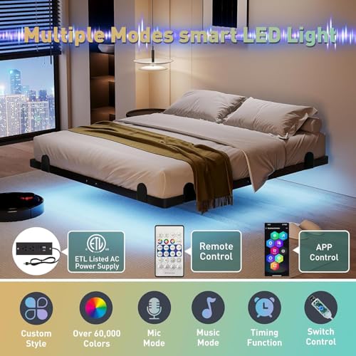 qimamo 14 Inch Floating King Bed Frame with Smart LED Lights and Charging, view 4
