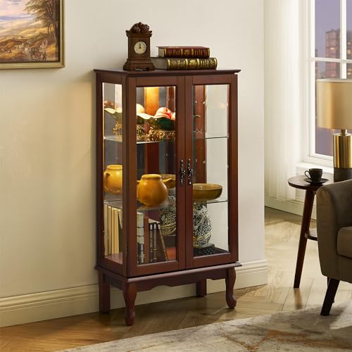 Knocbel Classic 3-Shelf Curio Cabinet with Tempered Glass Doors and Adjustable Storage Shelves, 43.5" Height Free Standing Display Showcase Bookshelf for Living Room Bedroom Home Office (Walnut)