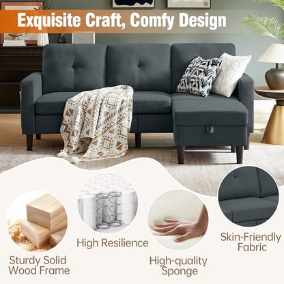 80" Convertible Sectional Sofa Couch with Movable Ottoman, 3 Seats Sectional Sofas L Shaped Couch for Small Spaces, Soft Fabric Couch for Living Room (Dark Grey)