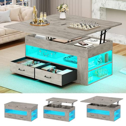 Lift Top Coffee Table, 4 in 1 Coffee Tables with Storage and Hidden Compartment, Farmhouse Coffee Table with 2 Fabric Drawers & LED Light for Living Room, Grey Oak