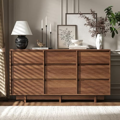 9 Drawer Walnut Dresser for Bedroom,59" Wide Mid Century Modern Dresser, view 8