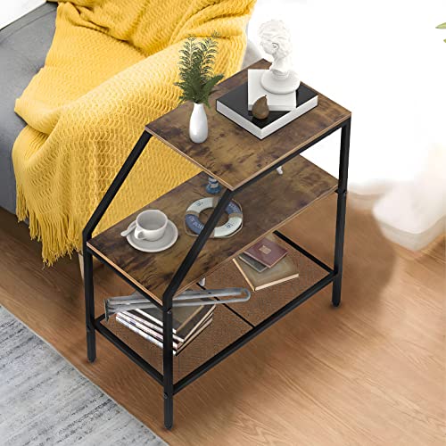End Table 3 Tiers Shelf Rustic Brown Wood Industrial Accent Decorative Sofa Side Table Modern Trapezoid Accent Furniture Living Room Bed Room for Small Place
