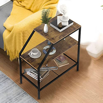 End Table 3 Tiers Shelf Rustic Brown Wood Industrial Accent Decorative Sofa Side Table Modern Trapezoid Accent Furniture Living Room Bed Room for Small Place