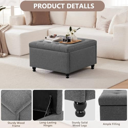 Grey Tufted Square Ottoman with Storage, Solid Wood Frame, view 6