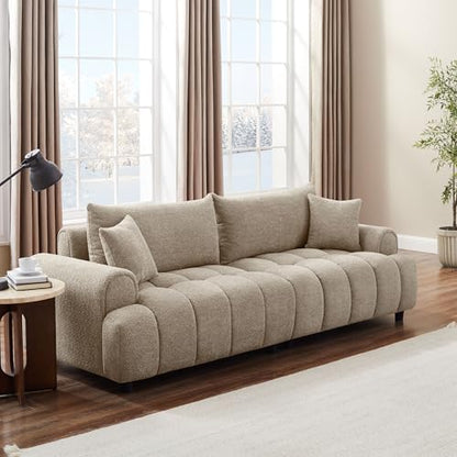 Boucle Sofa Couch, 91" Comfy Tufted Upholstered Cloud Couches, Modern 3 Seater Sofa with Pillows, Oversized Deep Seat Sherpa Couch for Living Room, Bedroom, Apartment (Camel Color)