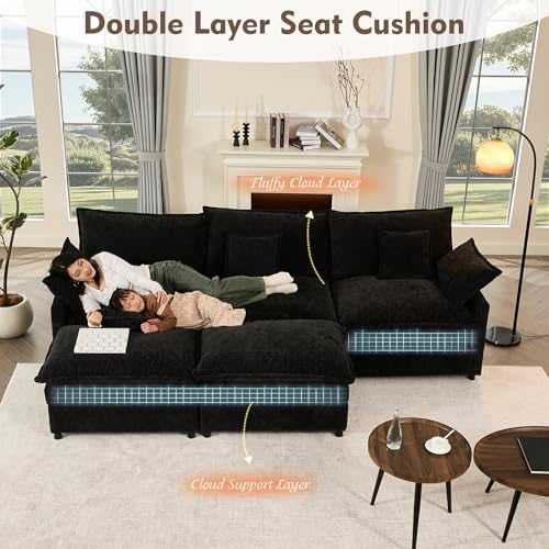 108" U-Shaped Modular Cloud Couch, Deep Seat, Chenille Black | Cloud Comfort, Couches for Living Room, Removable & Machine-Washable Covers, Movable Ottoman, Modular Sectional Sofa