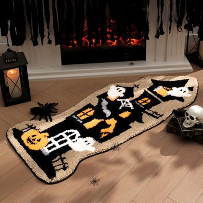 Happy Halloween Rug Haunted House Shaped Area Rug, Soft Tufted Floor Mat for Front Door, Non-Slip Decorative Rug Gothic Halloween Doormat for Living Room Bathroom, Black, 18 x 47 inches