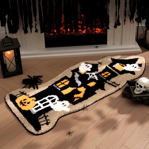 Happy Halloween Rug Haunted House Shaped Area Rug, Soft Tufted Floor Mat for Front Door, Non-Slip Decorative Rug Gothic Halloween Doormat for Living Room Bathroom, Black, 18 x 47 inches