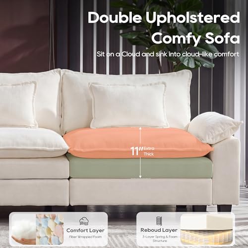 Oversized Modular Sectional Sofa，White：122" U Shaped | Modern Comfy Cloud Couch with Movable Ottoman and Pillow, Deep Seat Couches for Living Room, Bedroom or Apartment