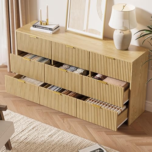 3-Piece Dresser Bedroom Set, 9 Drawer Dresser & 2 Drawer Nightstands with Gold Handles, Fluted Wood Chest of Drawers for Bedroom, Living Room, Entryway, Nature