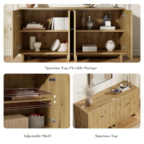 63" Storage Cabinet, Modular Sideboard Buffet Cabinet with Glass Doors-Oak, view 6
