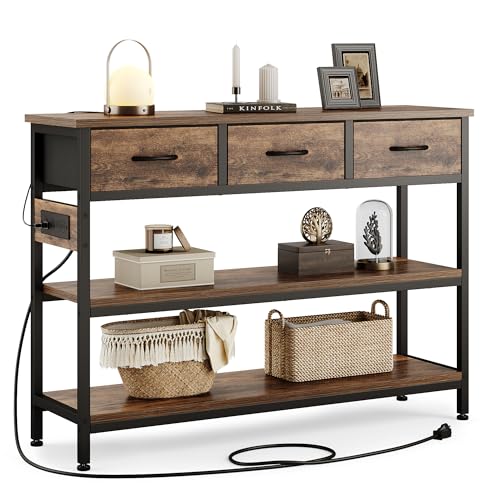 Entryway Table with Outlets, 3 Fabric Drawers, 43 in Console Table | 43.3"W x 11.8"D entry table with 2 outlets, 2 USB ports, swappable plug side, adjustable feet and anti-tip kit.