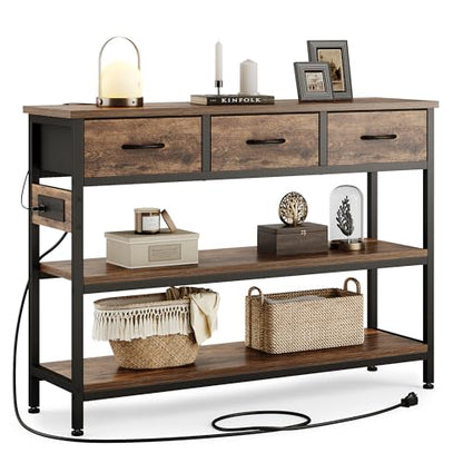 Entryway Table with Outlets, 3 Fabric Drawers, 43 in Console Table | 43.3"W x 11.8"D entry table with 2 outlets, 2 USB ports, swappable plug side, adjustable feet and anti-tip kit.