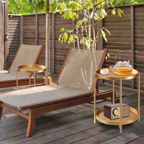 2-Tier End Table, Outdoor Side Table Metal Round Side Table with Removable Tray, Small Folding Accent Table, Anti-Rust Nightstand for Bedroom Balcony Patio Living Room (Gold)