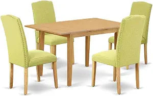 5-Piece Dining Set, Rectangular Oak Wood Table, 4 Limelight Linen Upholstered Parson Chairs, Compact Size, Nailhead Trim, Ergonomic Back Support, Kitchen or Dining Room Furniture for 2–4