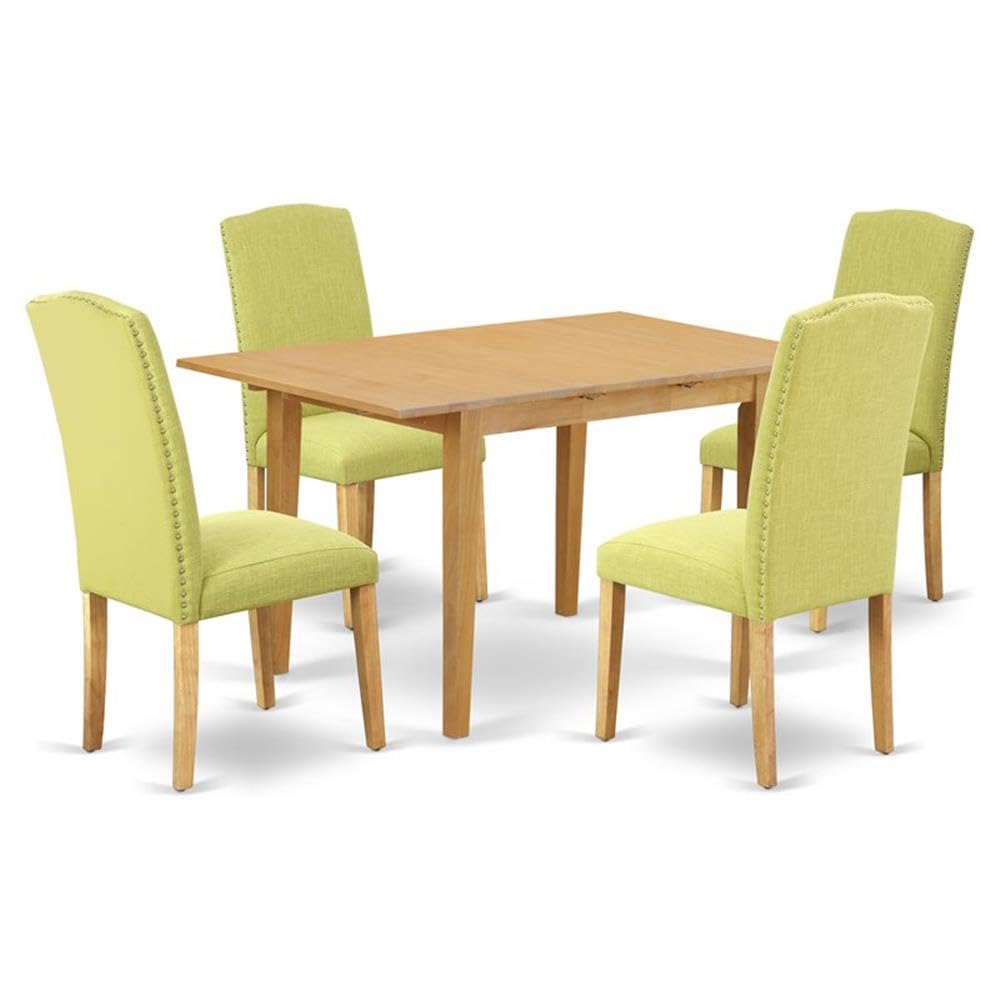 5-Piece Dining Set, Rectangular Oak Wood Table, 4 Limelight Linen Upholstered Parson Chairs, Compact Size, Nailhead Trim, Ergonomic Back Support, Kitchen or Dining Room Furniture for 2–4
