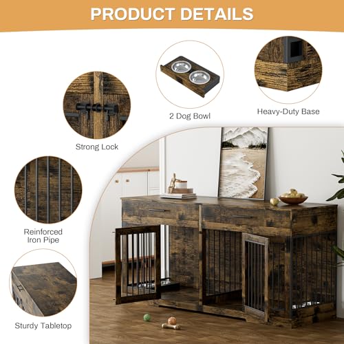 72" Double Dog Crate Furniture for Medium Large Dogs, Rustic Brown, view 6