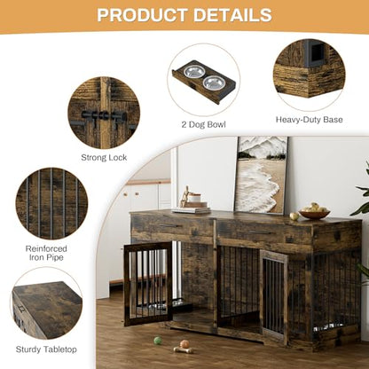 72" Double Dog Crate Furniture for Medium Large Dogs, Rustic Brown, view 6