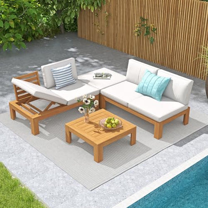 4 Piece Acacia Wood Patio Furniture Outdoor Sectional Sofa Set with Adjustable Armrest, FSC Certified L-Shaped Patio Set w/2-in-1 Coffee Table, Cream White Cushions for Garden