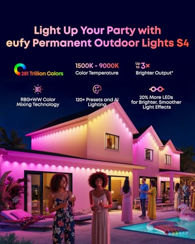 eufy Permanent Outdoor Lights S4, Radar-Activated, 200ft with 144 RGBWW LED String Lights for Daily, Accent and Christmas Decorations, AI Themes, Work Cams, Matter Support, IP67 Waterproof