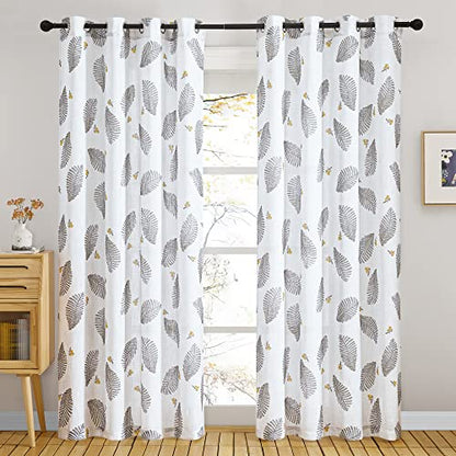 Floral Sheer Curtains - Linen Textured, Leaves Print Embroidery Boho Curtains Grommet Top Durable View Through for Teens Bedroom, Kitchen, Living Room, W 50" x L 84", 2 Panels, White