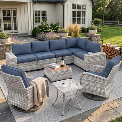 Outdoor Patio Furniture Set PE Wicker Rattan Outdoor Sectional Sofa | Patio Conversation Set with Rocking Swivel Chair, Chunky Arms Coffee Table & Thickened Cushions for Proch 9PCS, Navy Blue