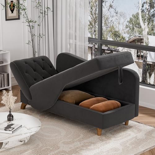 Indoor Velvet Chaise Lounge Chair with Storage for Living Room, Black, view 5