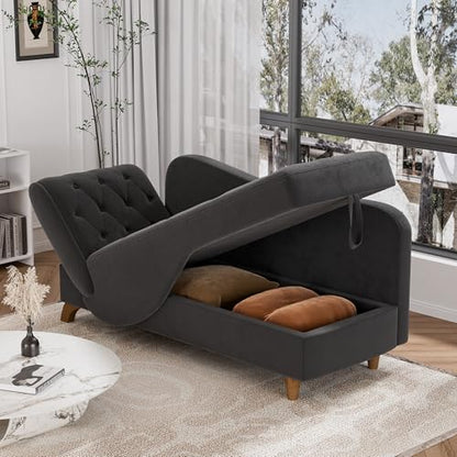 Indoor Velvet Chaise Lounge Chair with Storage for Living Room, Black, view 5