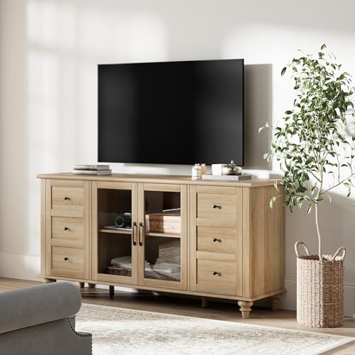 Farmhouse Buffet Cabinet with Glass Door, Wooden Sideboard, Oak, 58”, view 5