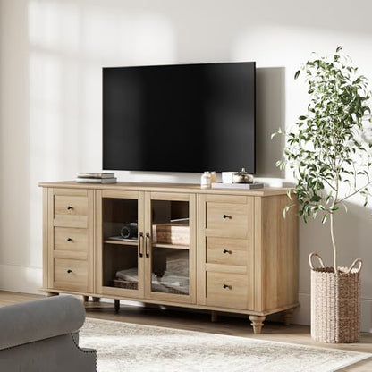 Farmhouse Buffet Cabinet with Glass Door, Wooden Sideboard, Oak, 58”, view 5