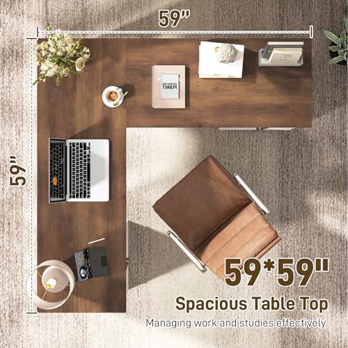 Farmhouse L Shaped Executive Desk with 6 Drawers, 59’’ Wood Home Office Desk with File Cabinet, Writing Corner Computer Desk for Home Office, Work, Study, White and Brown