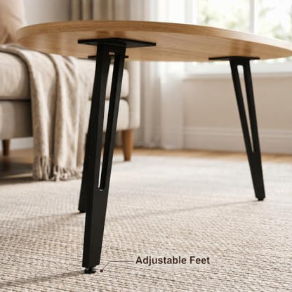 Modern Mid Century Coffee Table, Oval Triangle Wood Center Table with Sturdy Metal Legs, Stylish Living Room Accent Table for Small Spaces