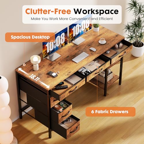 55 Inch Computer Desk with 6 Fabric Drawers, for Home Office Work, view 6