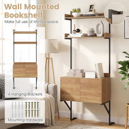 71.5" Tall Bookshelf with Storage Cabinet, Narrow Wall Mounted Ladder Bookcase with Metal Frame, Versatile Display Rack Shelf for Living Room, Home Office, Natural Oak