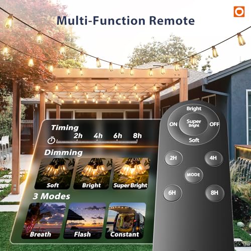 102FT(96+6) Solar String Lights Outdoor with Remote, Waterproof Patio Lights with 30 Shatterproof LED Bulbs, 30H+ Long-Lasting Dimmable & Timable Solar Light for Backyard Camping Garden Decor