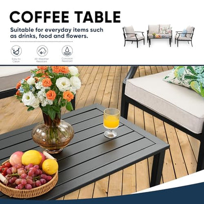 4 Piece Outdoor Patio Furniture Set, Oversized Metal Conversation Set with High Back & Deep Seating, Water-Repellent Cushions, Coffee Table for Porch, Deck, Backyard, Beige