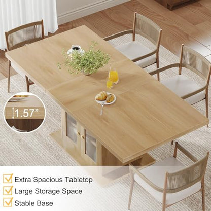 Dining Table for 4–6, 63 Inch Wood Farmhouse Kitchen Table with 3-Tier Storage Shelf and Acrylic Door Cabinet, Rectangular Modern Dining Room Dinner Table for Apartment Home Small Space, Light Oak