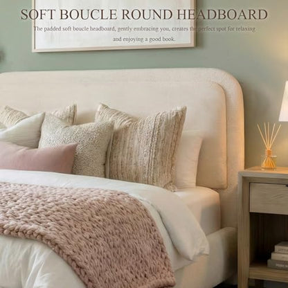 Cloud Queen Size Bed Frame with Headboard, Solid Wood Legs, Beige, view 5