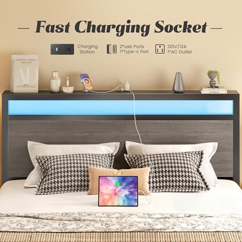 Queen Bed Frame with Headboard, Fast-Charging & LED, Storage Shelf, view 6