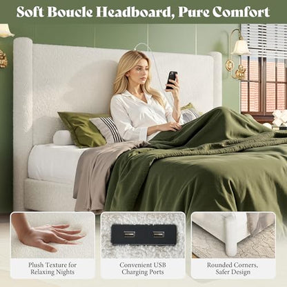 Boucle Cloud Upholstered Bed Frame with Cylinder Headboard, Modern Platform Structure, Sherpa Boucle Soft Design, No Box Spring Needed (White, Full)
