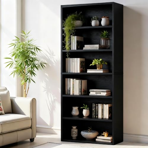 6-Tier Bookcase, 63 Inch Tall Open Bookshelf, Modern Black, view 3